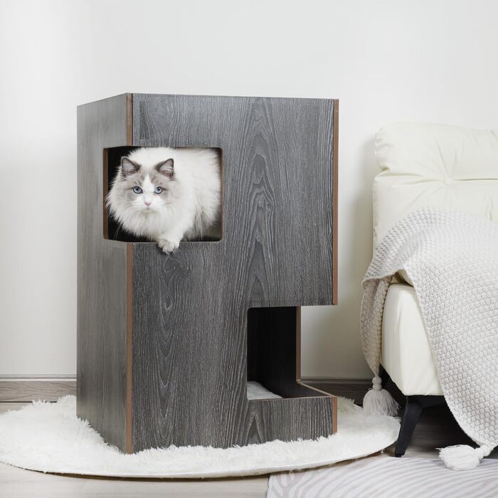 Преміум будиночок для котів з дерева, замок-вежа з лежаками, 50x50x80 см, антрацит