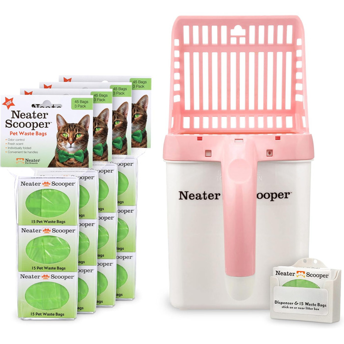 Лопатка для котячого туалету Neater Scooper з 195 пакетами, система для прибирання котячого наповнювача, рожевий, Neater Pet Brands