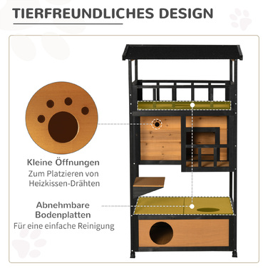 PawHut Cat House Ялина Wood Cat House 4 поверхи зі сходами, зимостійкий асфальтовий дах, жовтий, 75,5x75x137см, ідеально підходить для вулиці та патіо