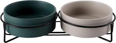 Набір мисок для котів PETTOM з підставкою (2 шт.), кераміка, захист шиї, зелений + сірий