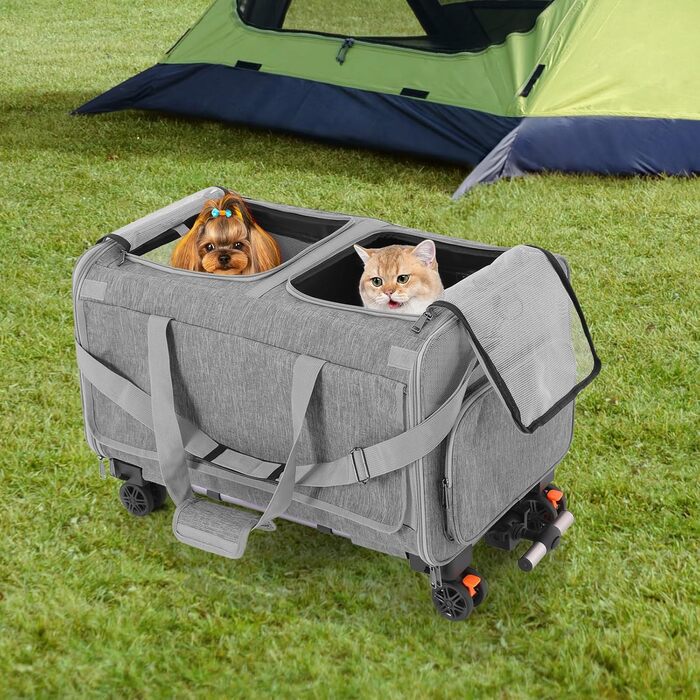 Транспортна переноска для котів та собак Apriltop з двома відділеннями та колесами, 60x40x45 см, сіра