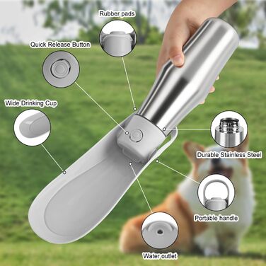 Водяна пляшка для собак на прогулянці 750 мл - не протікає, з нержавіючої сталі, з подвійними стінками, ізольована, сіра