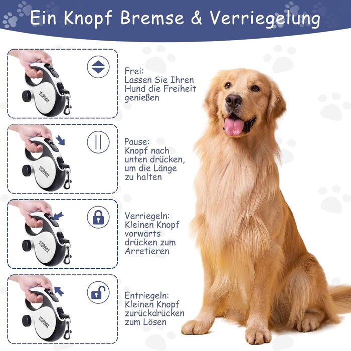 Висувна поводок для собак VTOPVMAX 8м - для середніх та великих собак до 50 кг. Міцний поводок з безпечним тросом, дозатор для відходів та гальмо однією рукою (білий)