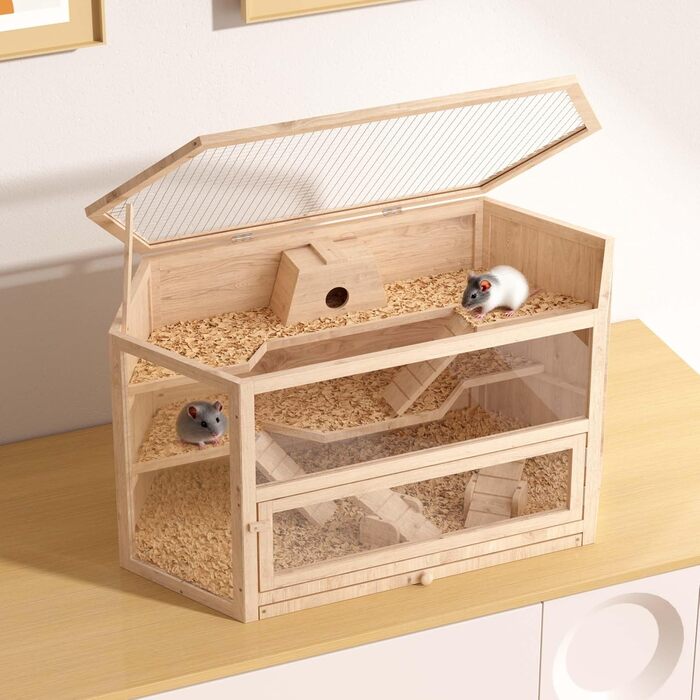 Клітка для тварин Wiltec 3-ярусна, 600x400x800 мм, дерев'яна, з відкидним дахом та оглядовим вікном, для мишей, хом'яків (116x60x59 см)