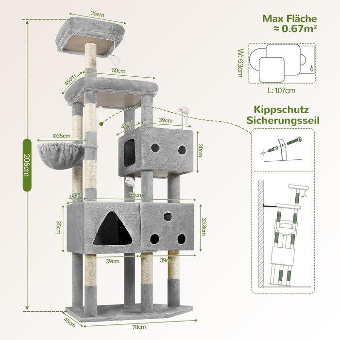 Комплекс для котів Globlazer XXL 207 см з будиночком 45x35 см, платформами, стійками та кошиком, 8 стовпчиків з сизалю, сірий