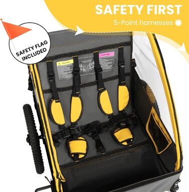 Причеп для велосипеда Sepnine для 2 дітей, від 12 місяців, швидко кріпиться, складаний, з 5-точковим ременем та кишеньками для зберігання, BT609-Жовтий