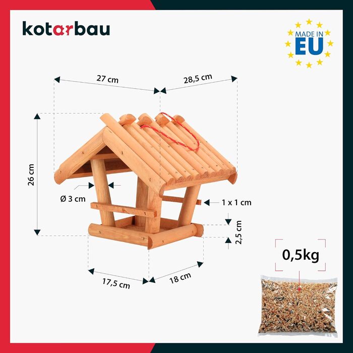 KOTARBAU® Дерев'яна годівниця для птахів мала, натуральне дерево махагон, підвісна, 0,5 кг корму у подарунок