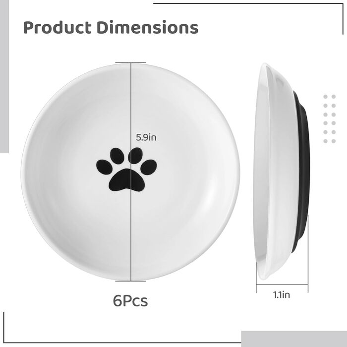 Керамічні миски для котів, 6 шт., без втоми вусів, широкі та плоскі миски з антиковзким силіконовим дном, годівниці для котів та собак, миски для води, діаметр 15 см, 6 шт.