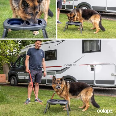 Набір з 2 склавних мисок для собак Colapz зі стійкою – регульована висота, підходить для собак та котів – портативні для подорожей, кемпінгу, авто – силіконові миски з сумкою, сірі