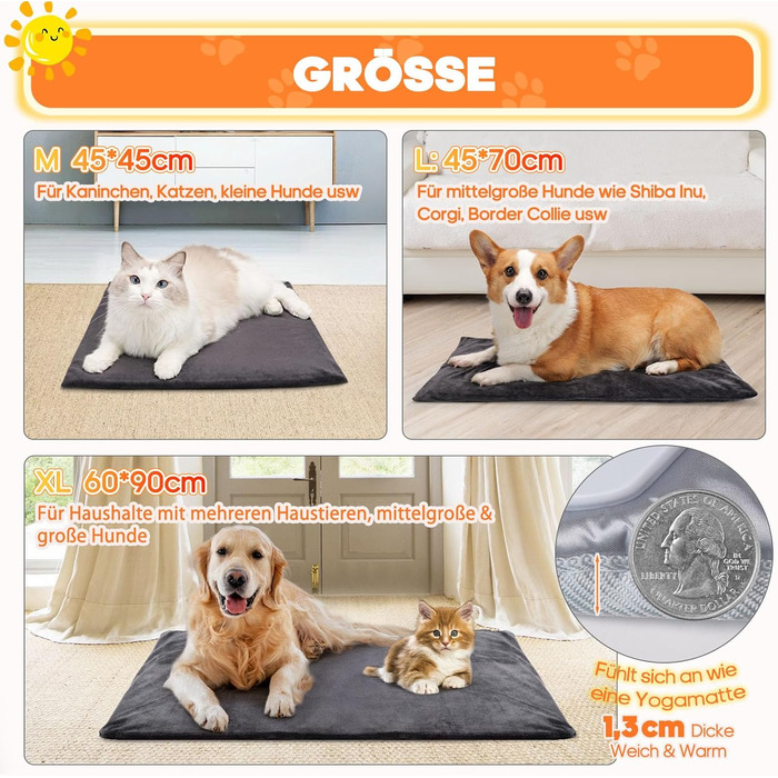 Електричний килимок для тварин 45x70 см - нагрівальний килимок для собак та котів з 9 температурними режимами (35–55℃) та таймером, бісостійкий кабель 1.8 м, 2 знімні чохли