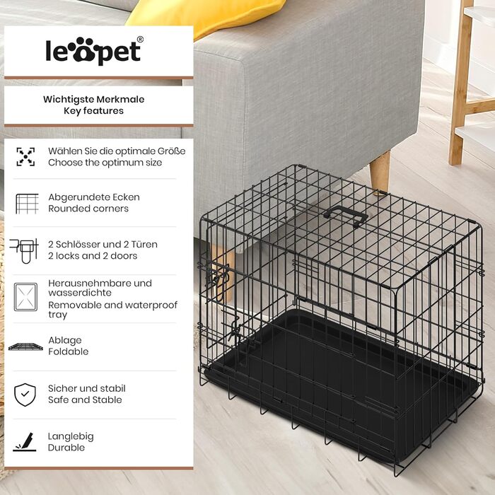 Leopet® складний металевий вольєр для собак з пластиковим піддоном, чорний, для дому та перевезення, 121x74x81 см