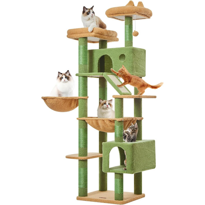 Дерево-подряпування Taoqimiao 180 см, велике, для котів, з 2 будиночками, гамаком, корзиною та 8 стовпчиками, зелений колір, MSC026L