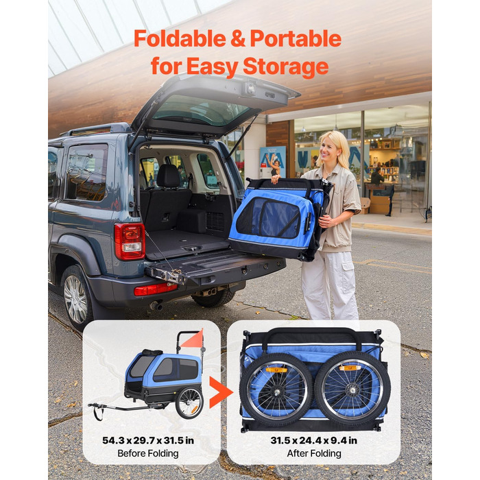 Причіп для собак VEVOR до 40 кг, 2-в-1, для маленьких та великих собак, з розкладним каркасом, універсальний з'єднувач, з прапорцем, внутрішній поводок, 1380x755x800 мм