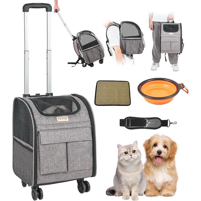 Тролей для собак VEVOR, складний, до 8,1 кг, сірий. Зручний рюкзак-переноска для тварин з 5 кишенями. Ідеально для подорожей та прогулянок