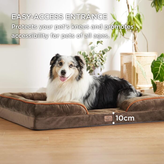 Ортопедичне ліжко для собак BEDSURE - 122x89 см. М'яке ліжко-софа для великих собак з ефектною формою, зручне та миється, нековзне, коричневе. Розміри: 122 x 89 x 20 см.