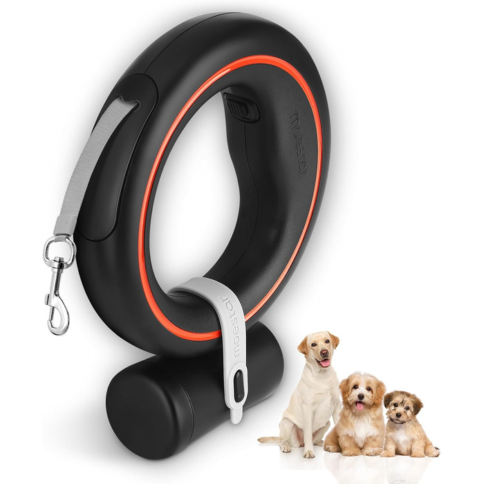 Рулетка для собак Moestar 3м, висувна, з контейнером для відходів, для малих та середніх порід (чорний/зелений, чорний/помаранчевий)
