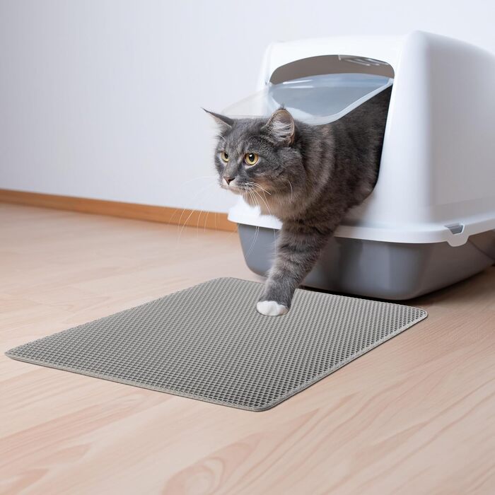 Килимок для котячого туалету PETMAKER, водонепроникний, 61x38 см, сіра двошарова волога килимок з візерунком стільники, нековзкий, для збору наповнювача