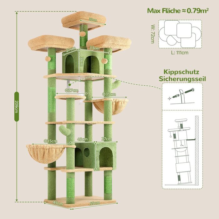 Драбина-кіготь Globlazer XXL, 209 см, з 3 м'якими сидіннями, 2 будиночками, 2 кошиками, великою платформою, іграшками для котів. Стабільна для 3-5 котів.