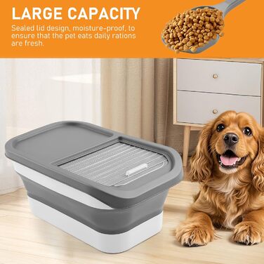 Контейнер для корму для собак та котів, 7 кг, сірий, з мірним стаканом та ложкою