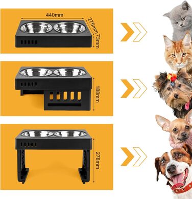 Підвищений годівниця для собак та котів 2-в-1, 4 регульовані висоти, підставка Anti-Slip з нержавіючою чашею, чорний (44 x 27,5 x 7 см)