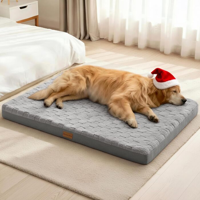 Ортопедичне собаче ліжко Patas Lague XL для великих собак, 106.7 x 71.1 см, водонепроникне, м'яке, тепле, зручне, з Eierkisten-піною, знімний, пральний чохол та антиковзаюча підкладка, сірого кольору