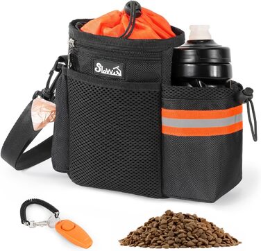 Сумка для ласощів для собак з диспенсером для пакетів та тримачем для пляшки, 3 способи носіння, регульований ремінь/ремень/кліпса, зелено-помаранчевий