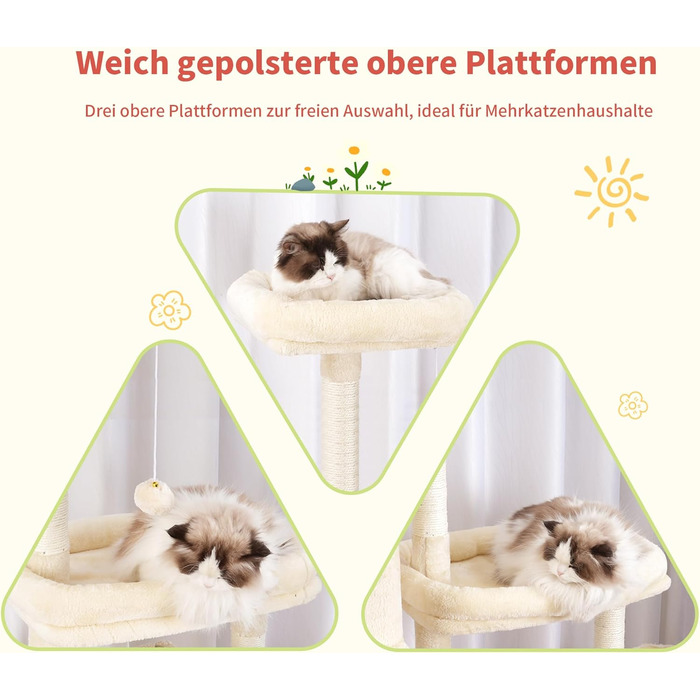 Котячий будиночок Hey-brother XXL для великих котів, 180 см, стабільний, з 3 платформами, 3 печерами та 2 котячими будиночками (Бежевий)