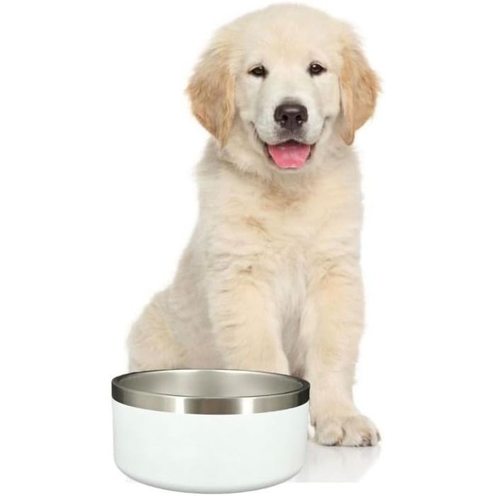 Glow Pups Біла миска для собак, подвійні стінки, ізольована, нековзна, 1,8 л, нержавіюча сталь
