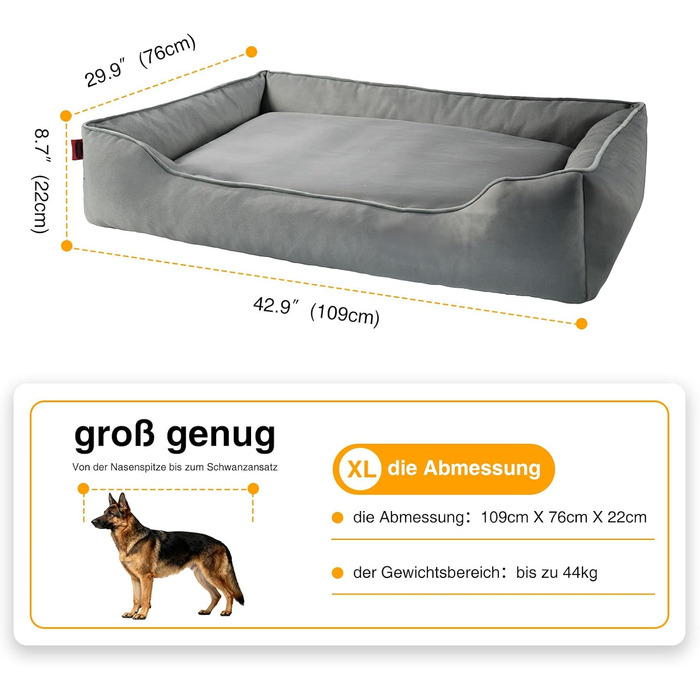 Крісло-ліжко для собак середніх та великих порід від Zedelmaier, 90х68х19 см, з міцним кошиком, товстим матрацом, знімним кошиком, водонепроникним матрацом, місце для сну та меблі для собак (довжина 109 см, ширина 76 см, сірий колір, двосторонній матрац)