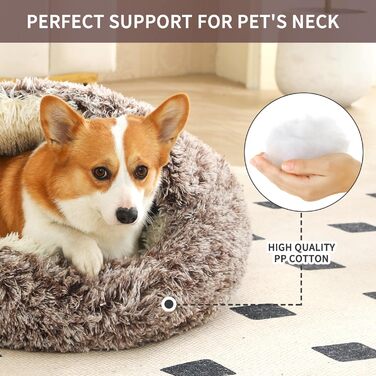 Кругле ліжко для собак та котів з капюшоном, плюшеве, гніздо, самонагріваюче, антистрес, велике (27.5'') коричневе