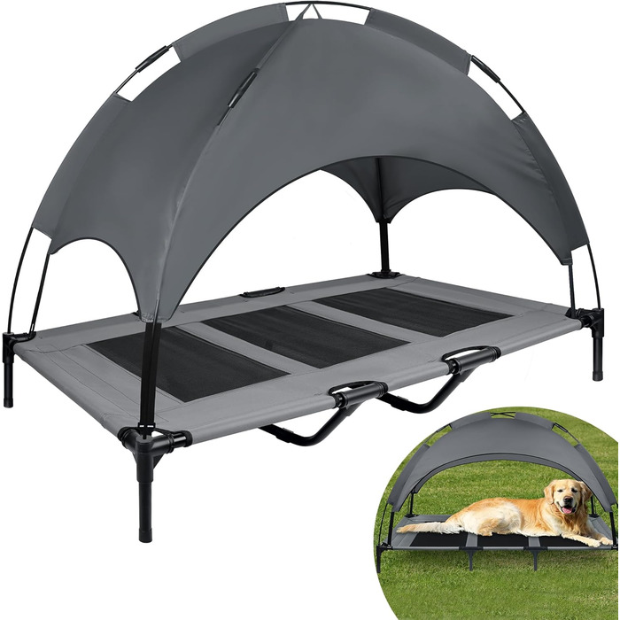 Підвищене собаче ліжко з дахом, сонцезахист, ліжко для домашніх тварин з балдахіном, лежанка для собак на вулицю, собаче диван, антиковзні підкладки, водонепроникний дах та дихаюча сітка, розмір L 92x76x92 см (XL - 122x92x102 см)
