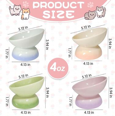 Підвищений годівниця для котів та маленьких собак Kathson, кераміка, нахилена, проти блювоти, 4 шт. (Blue, Green, Purple, Pink)