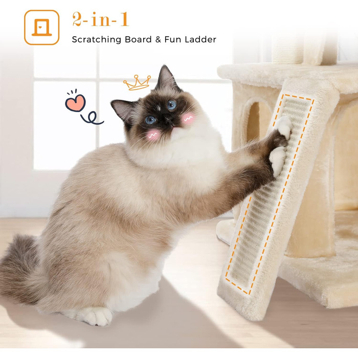 Великий ігровий комплекс для котів PAWZ Road: міцний кігтеточка-драбка з 2 будиночками-сховищами, 114 см, бежевий