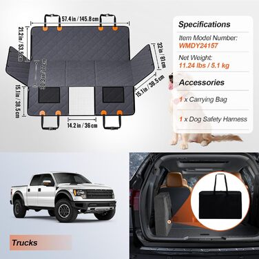 Захисна ковдра для собак VEVOR на заднє сидіння авто, 137x61 см, до 180 кг, з жорсткою основою, сітчастим вікном та кишенею для зберігання