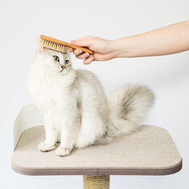 Щітка для котів LucyBalu® для короткої та довгої шерсті | Щітка для вичісування шерсті котів | Щітка для підшерстка котів | Гребінець для котів для догляду за шерстю | Щітка для шерсті тварин | Щітка для котів з щетиною та дерев'яною ручкою білого кольору
