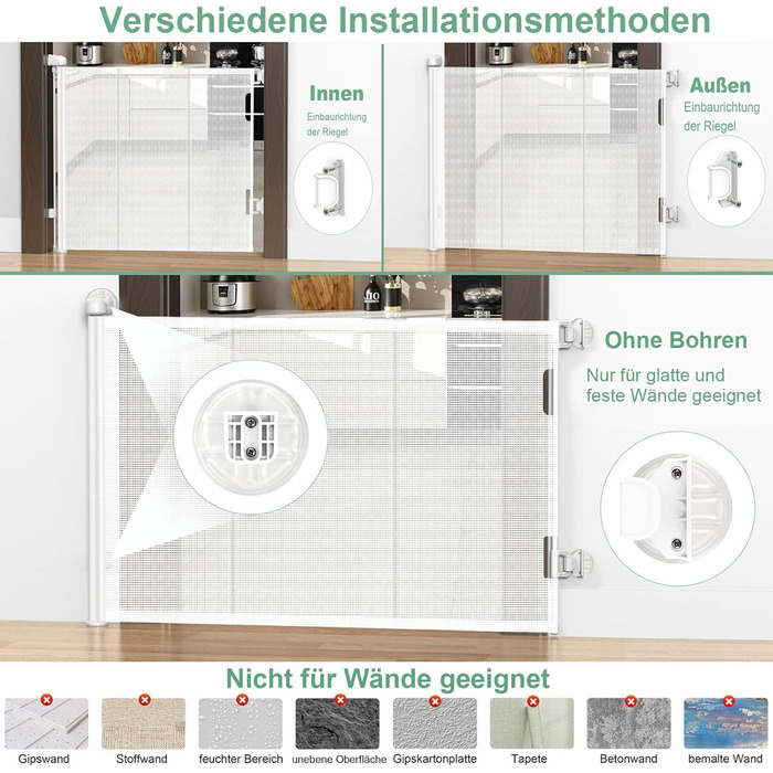 Захист для сходів з замком, розтяжний захист для дітей та собак, ширина 150 см, висота 83 см (140 см/білий, без свердління, автоматичний замок)