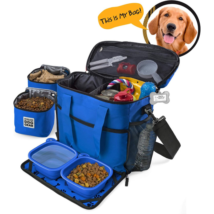 Чорна сумка для подорожей з собаками Overland Chiens Gear для великих собак. 2 контейнери для їжі, 2 складані миски, блакитний колір