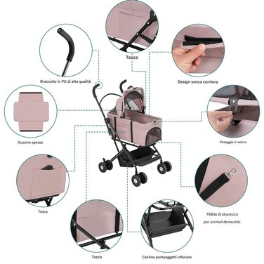 Дитяча та переносна візок для тварин BAKAJI 2 в 1, 40 кг, знімний кошик для перенесення та зберігання (Рожевий)