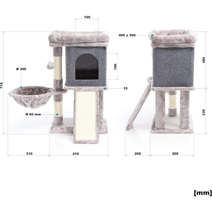 Кігтеточка для котів Fudajo сірого кольору, 71,5 см, з платформою для відпочинку, лежаком, дряпалкою та будиночком. Кліматичний комплекс для котів з 1 будиночком.