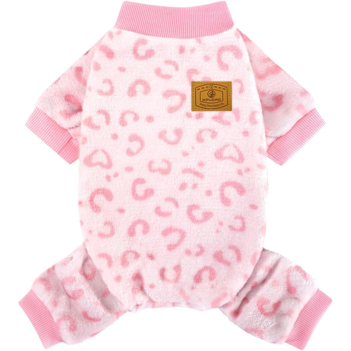 Піжама для собак XPUDAC, фліс, теплий пуловер для маленьких та середніх собак, дівчаток та хлопчиків, м'яка зимова одежда для собак, розмір S, M (груди 15', 16.5'), рожевий леопардовий принт