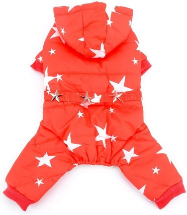 Зуена Зимовий теплий костюм для собак з капюшоном, флісовою підкладкою та зірковим поясом. Водонепроникний костюм для собак, теплий одяг для собак, худі, комбінезон для котів, цуценят, чихуахуа. Розмір L (спинка 30 см, груди 42 см), червоний