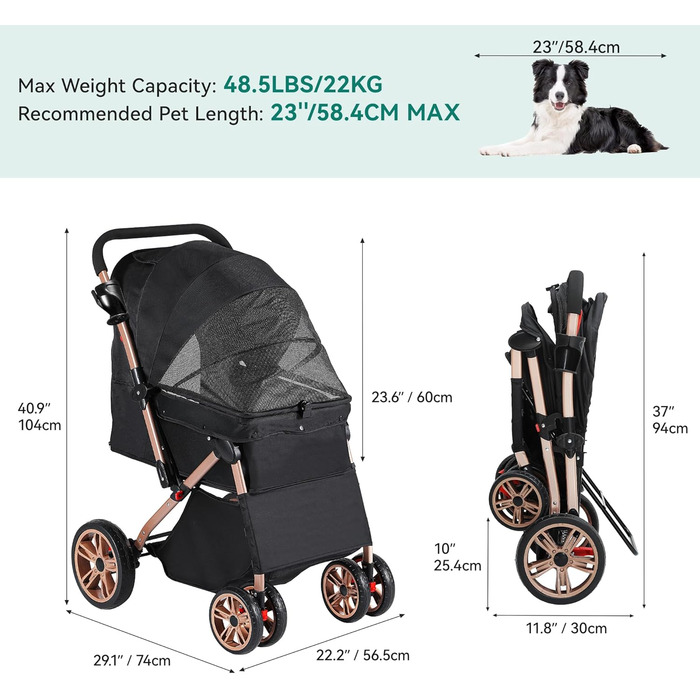 Візок для собак та котів YITAHOME, чорний, до 22 кг, складна конструкція, з сумкою, подушкою, сітковими вікнами та кошиком для зберігання