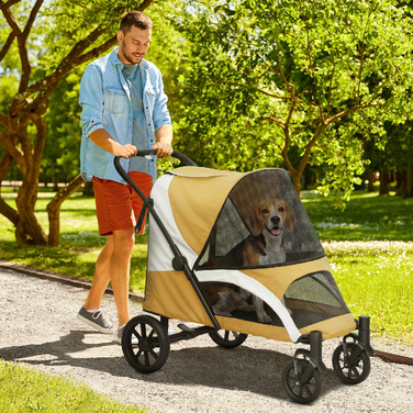 Складаний візок для собак середніх порід, собачий buggy на 4 колесах із безпековим повідцем та гальмами, коричневий