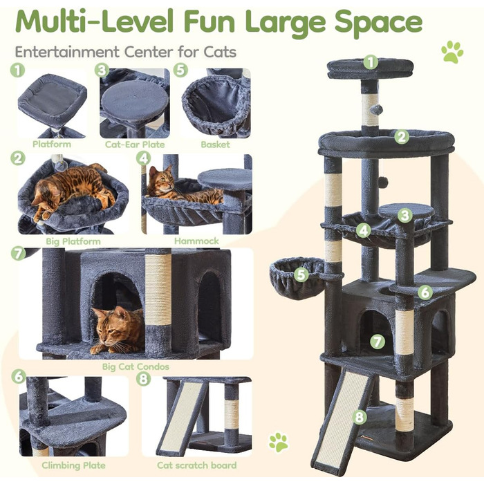 Котячий комплекс Taoqimiao 183 см XXL з будиночком, гамаком, когтеточками та великою платформою (темно-сірий)