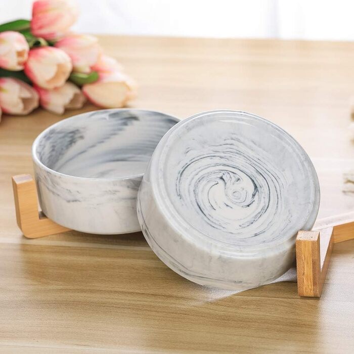 Миски для собак SP SEMPRE з кераміки з бамбуковими підставками, набір з двох мисок (13,5 см, білий мармур)