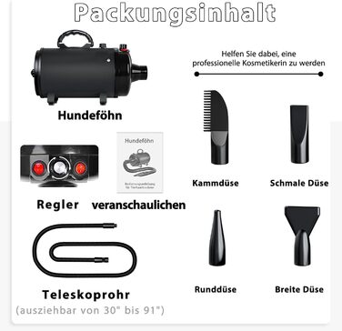 Фен для собак Blower 3000W, тихий, з регулюванням швидкості, 4 насадки, синій