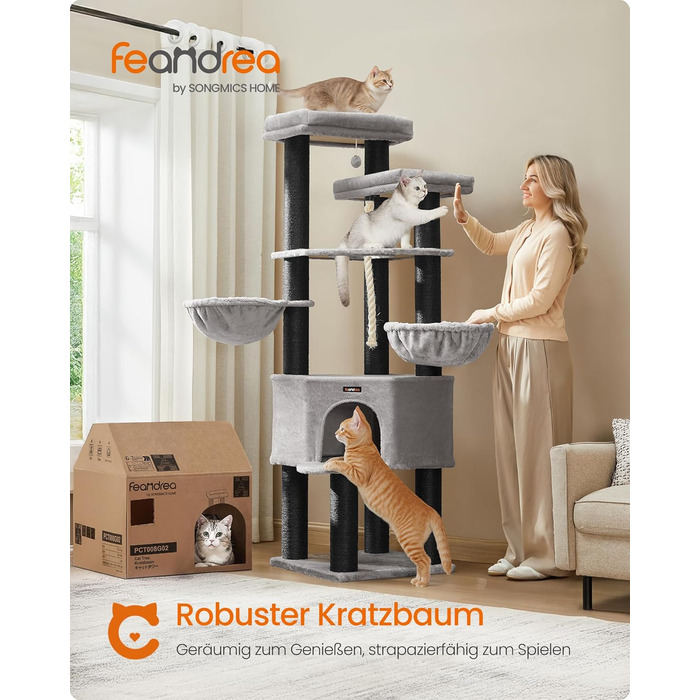 Кігтеточка Feandrea для котів, велика, багатоярусна, XXL, 55 x 55 x 186,7 см, товщина сизалю 11 см, для великих порід котів (Мейн-кун), сіро-чорна, артикул PCT008G02