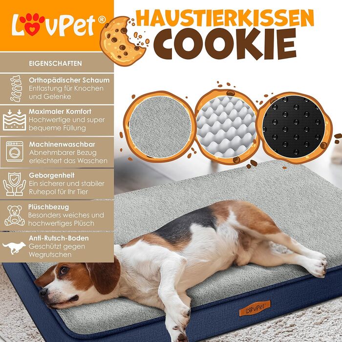 Ортопедичне ліжко-матрац Lovpet для собак Cookie, з мискою і 3 жувальними кісточками, знімний та праний чохол, для малих, середніх і великих порід, 91x69x7,6 см, темно-синій