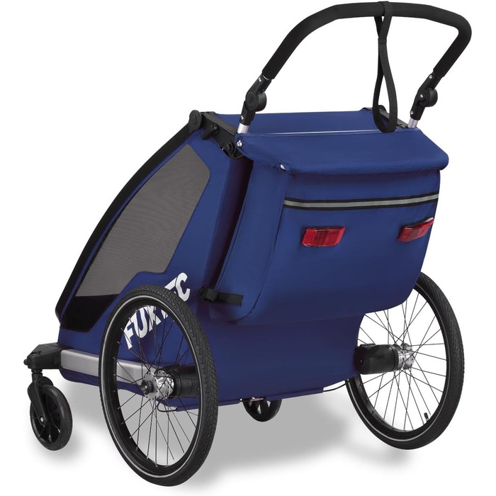 Причіп для велосипеда Fuxtec Sportfux на 2 місця, з сумкою на заднє кріплення, світловідбивачами, ручкою-штовхачем, захистом від дощу та сонця, складаний, фіолетовий FX-FA1 (блакитний)