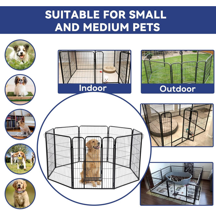 Металевий загін для собак, 8 панелей, 101,6 см, розкладний, для двору та дому, надійний, з замком